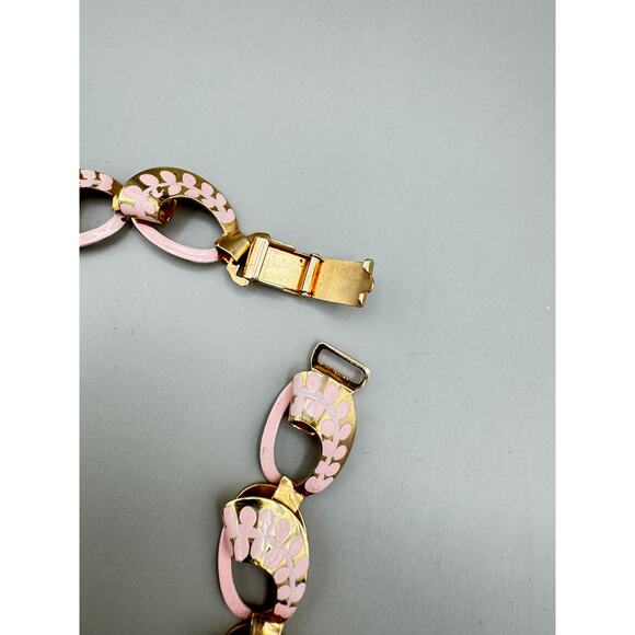 Vintage Pink Painted Floral Design and Gold Tone Link Choker Necklace - Picture 8 of 8